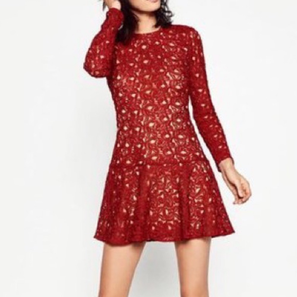 Zara Red Lace Long-Sleeve Mini Dress